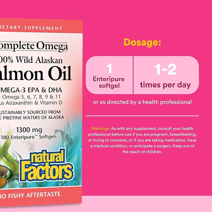 Complete Omega by Natural Factors, Wild Alaskan Salmon Oil, Supports Heart and Brain Health with Omega-3 DHA and EPA, 180 softgels (180 servings)