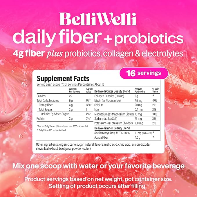 Belli Welli Fiber Supplement for Women & Men – Premium Daily Fiber Powder from Organic Acacia with Added Collagen, Electrolytes & Probiotics – No Bloat, Constipation & Gut Health Support (Tropical)