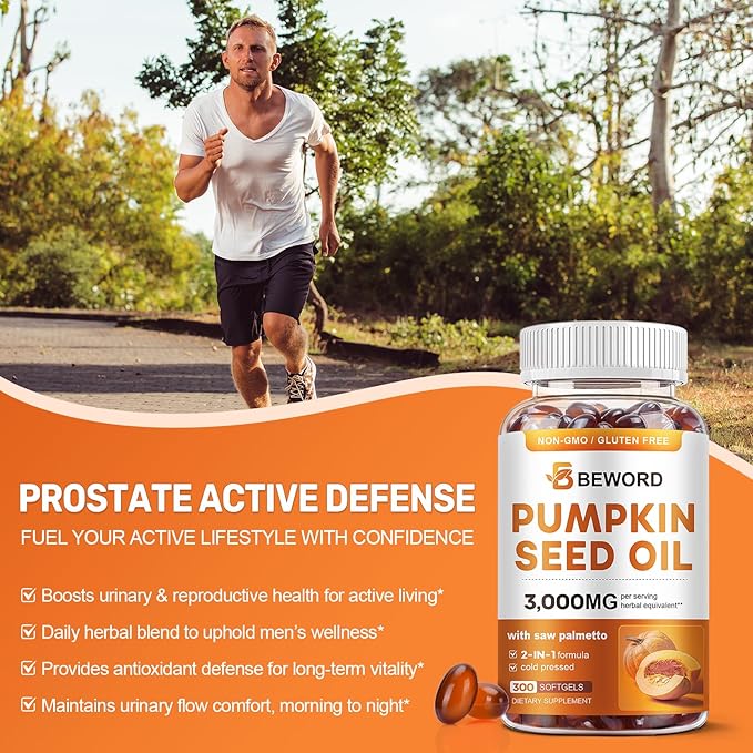 Pumpkin Seed Oil with Saw Palmetto Softgels, 3000mg Per Serving, 300 Softgels | Cold-Pressed with Essential Fatty Acids & Phytosterols | Supports Hair, Urinary, Bladder & Prostate Health | Non-GMO