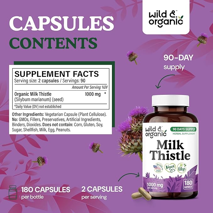 Wild & Organic Milk Thistle Capsules 1000mg - Liver Supplement - Silymarin Milk Thistle Seeds Powder for Liver Support - 180 Vegan Capsules - 3-Month Supply - No Fillers, Non-GMO