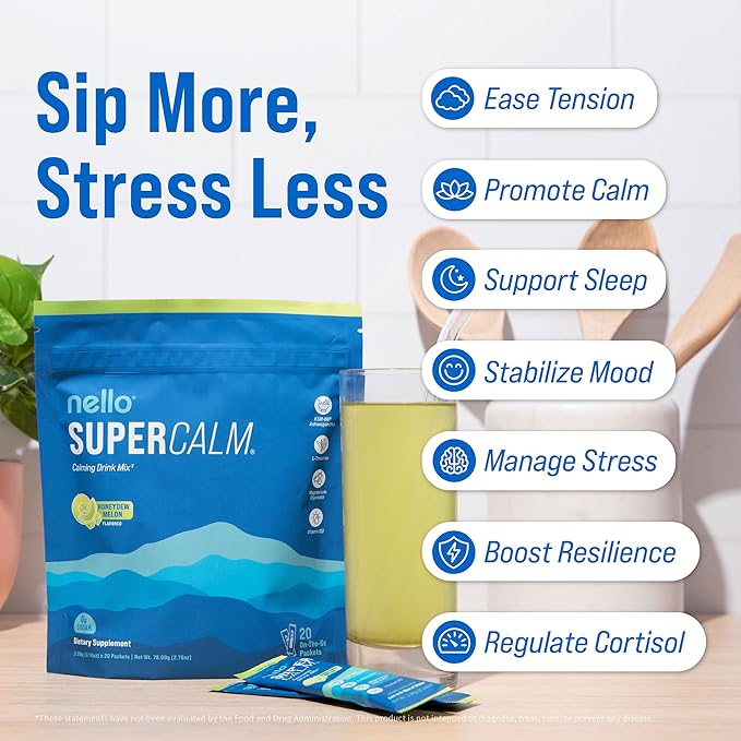 Nello Supercalm Powdered Drink Mix, Cortisol Reducer and Sleep Aid Supplement, L Theanine, Ksm-66 Ashwagandha, Magnesium Glycinate, Vitamin D 3, No Sugar, Non GMO, On The Go, 20 Ct, Honeydew Melon