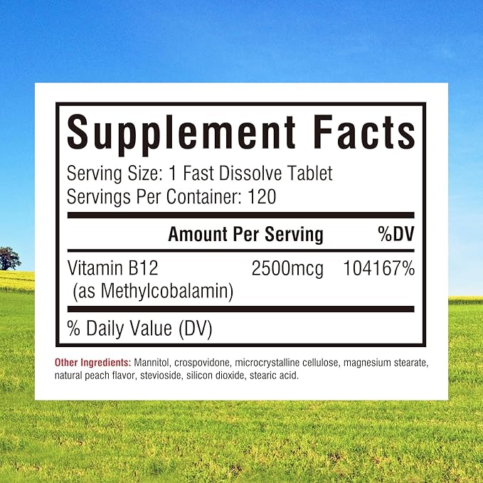 Innate Vitality Vitamin B12 2500mcg, Sublingual Methylcobalamin, Extra Strength for Energy Metabolism, Mental Clarity, Nervous System Health, Peach Flavor, Zero Sugar, 120 Fast Dissolve Tablets