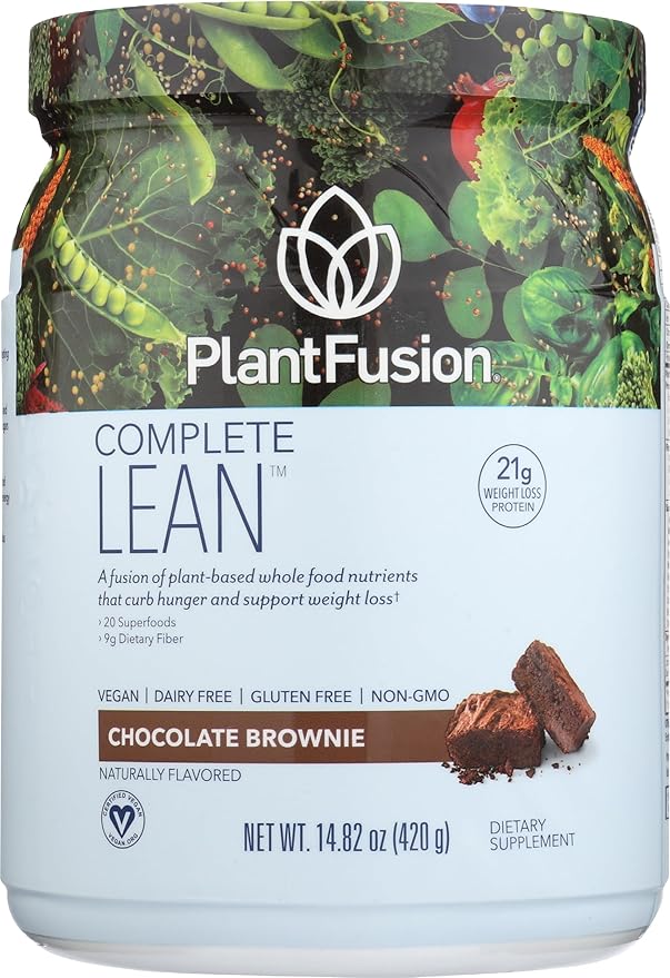 PlantFusion Complete Lean Plant Based Protein Powder - Prebiotic Fiber, Superfoods & Digestive Enzymes - Vegan, Gluten Free, Soy Free, Non-GMO - Chocolate Brownie 1 lb