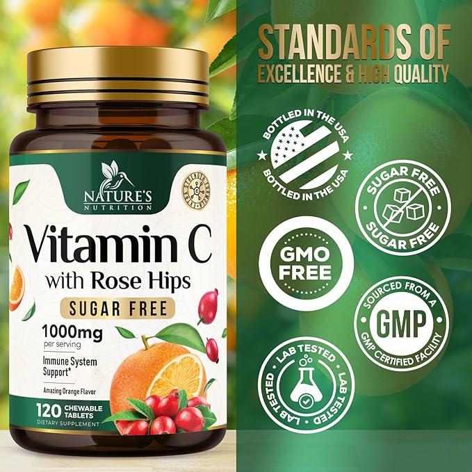 Vitamin C 1000mg Per Serving Chewable - Extra Strength Antioxidants for Powerful Immune Support w/Vitamin C & Rose HIPS, Potent Dietary VIT C Chews Supplement, Natural Orange Flavor, 120 Tablets