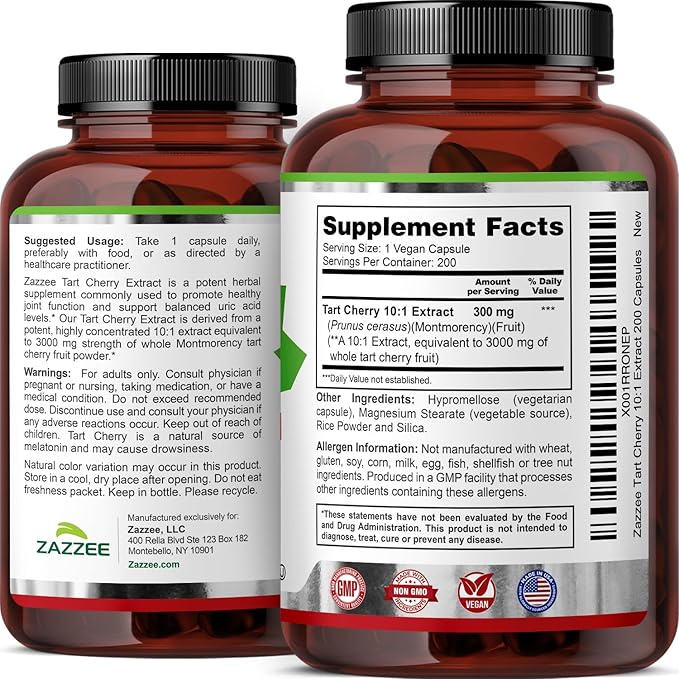 Zazzee Tart Cherry 10:1 Extract, 200 Vegan Capsules, 6+ Month Supply, Montmorency Cherry, Certified Kosher, Joint & Uric Acid Support, Antioxidant Support Formula, Non-GMO, Made in the USA