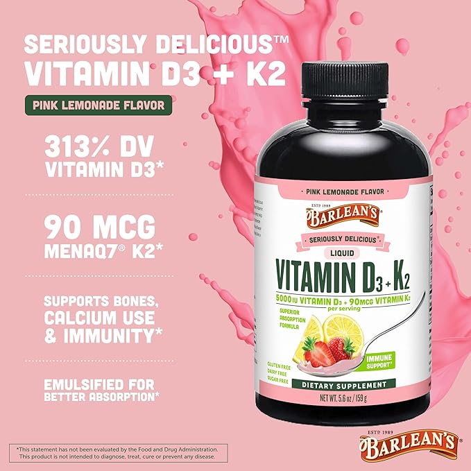 Barlean's Pack of 2 Vitamin D3+K2 Liquid Supplement for Kids and Adults, 5000 IU Vitamin D, Pink Lemonade, Non-GMO, Gluten and Dairy Free, 5.6 oz Each