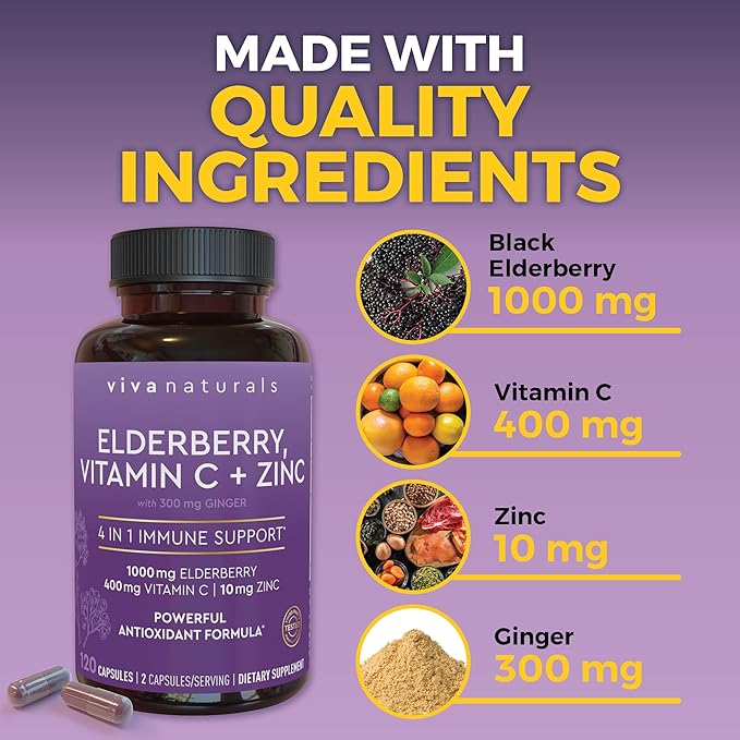 Viva Naturals Elderberry with Vitamin C and Zinc (120 Capsules) - 1000mg Sambucus Elderberry Immune Support Supplement, Black Elderberry Capsules for Adults, Elderberry Vitamins - 2 Months Supply
