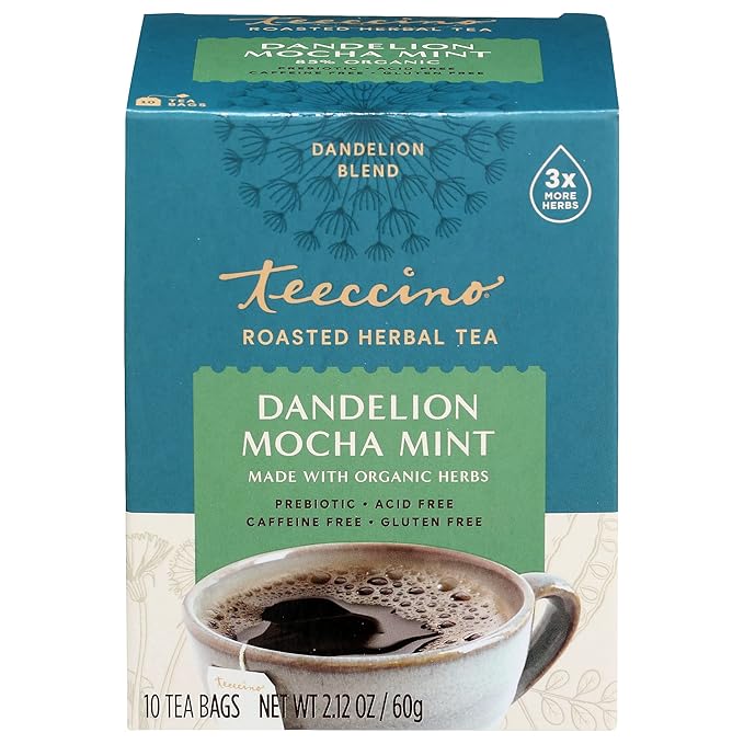 Teeccino Dandelion Root Tea - Mocha Mint - Caffeine Free, Roasted Herbal Tea with Prebiotics, 3x More Herbs than Regular Tea Bags, Gluten Free - 10 Tea Bags (Pack of 4)