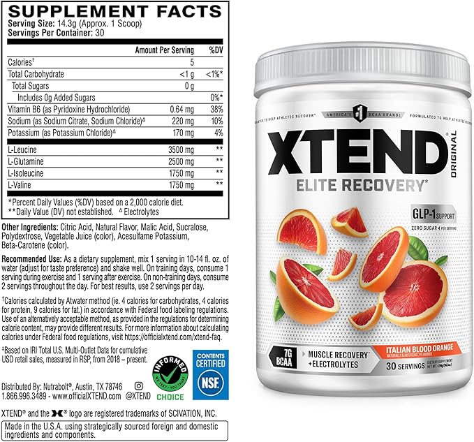 Xtend Original BCAA Powder, 7g BCAAs and 2.5g L-Glutamine for Muscle Recovery Hydration and Lean Muscle, Sugar Free Intra and Post Workout Drink with Electrolytes, Italian Blood Orange, 30 Servings