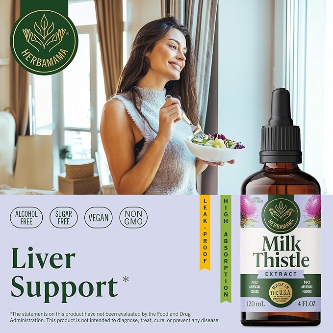 HERBAMAMA Milk Thistle Supplement - Vegan Liver Support with Milk Thistle Extract Tincture - Non-GMO, Alcohol & Sugar-Free Liquid Silymarin Liver Detox Drops, 56-Day Supply