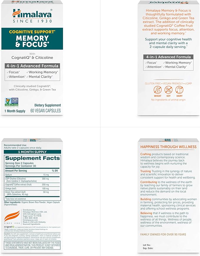 Himalaya Memory & Focus Herbal Supplement - Supports Cognitive Function, Attention, Vegan - 60 Capsules