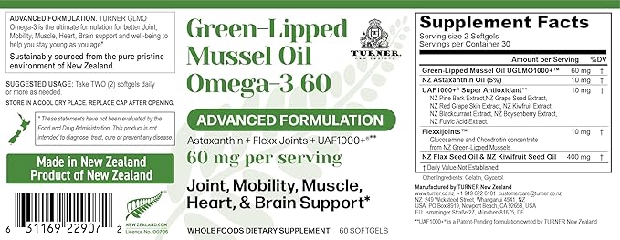 TURNER New Zealand Green Lipped Omega-3 Mussel Oil, 53x Higher Potency with UAF1000+ Super Antioxidant, No Fishy Aftertaste, 2 Bottles, 120 Softgels