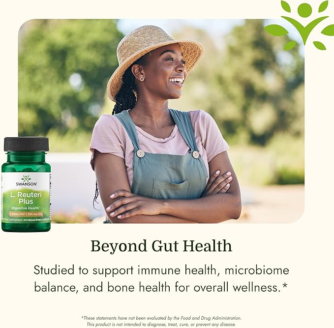 Swanson L. Reuteri Probiotic Plus with L. Rhamnosus, L. Acidophilus & FOS Prebiotic for Gut-Health-Conscious Adults - 7 Billion CFU (30 Vegan Capsules)