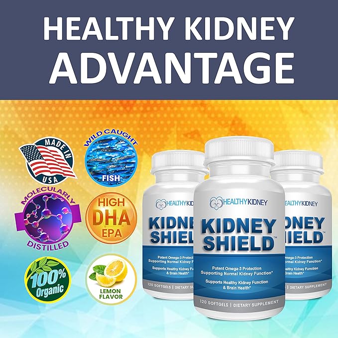 Kidney Shield Omega 3 Fish Oil Supplements - DHA EPA Omega 3 Supplement for Women & Men Kidney Health - Omega3 to Support Normal Kidneys Function & Cleanse, Detox & Repair - 120 Lemon Softgels
