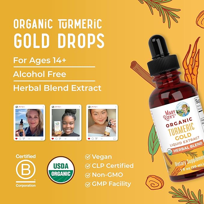 MARYRUTH'S Organics USDA Turmeric Gold Liquid Drops | Herbal Blend | Turmeric Curcumin | Black Pepper | Cassia Cinnamon Bark | Ginger Root | Immune Support | Non-GMO Project Verified | Vegan | 1oz