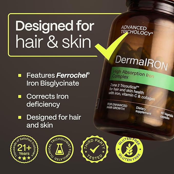 Advanced Trichology DermaIRON Iron Supplement for Women & Men – Gentle Iron for Low Ferritin & Anemia Support, Hair Thinning & Hair Loss Support, with Collagen & Vitamin C (Pack of 2)