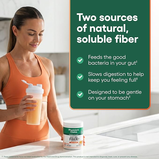 Physician's CHOICE Easy Mix Fiber for Digestive Health & Regularity - No Grit - Daily Prebiotic Soluble Fiber Powder Supplement for Women and Men - Peach Mango - 30 Servings