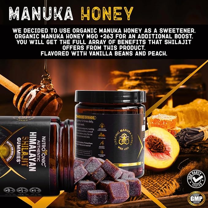 NutroTonic® Organic Himalayan Shilajit Gummies – Peach Vanilla Flavor – Shilajit for Men & Women – Wild Crafted Manuka Honey MGO +263 – Made in USA – 30 Gummies