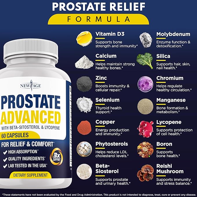 NEW AGE Prostate Advanced Prostate Supplement for Men – Reduce Bathroom Trips, Promote Sleep, Support Health & Bladder Emptying - Made with Lycopene, Beta Sitosterol - 180 Count