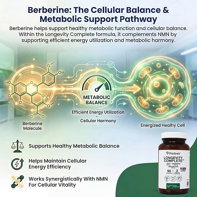 PRISTINE'S Longevity Complete Anti Aging NMN Complex - Advanced Cellular Support - NMN 500mg, Berberine 500mg, Resveratrol 250mg, Healthy Aging, Autophagy & NAD+ Support - Glass Bottle