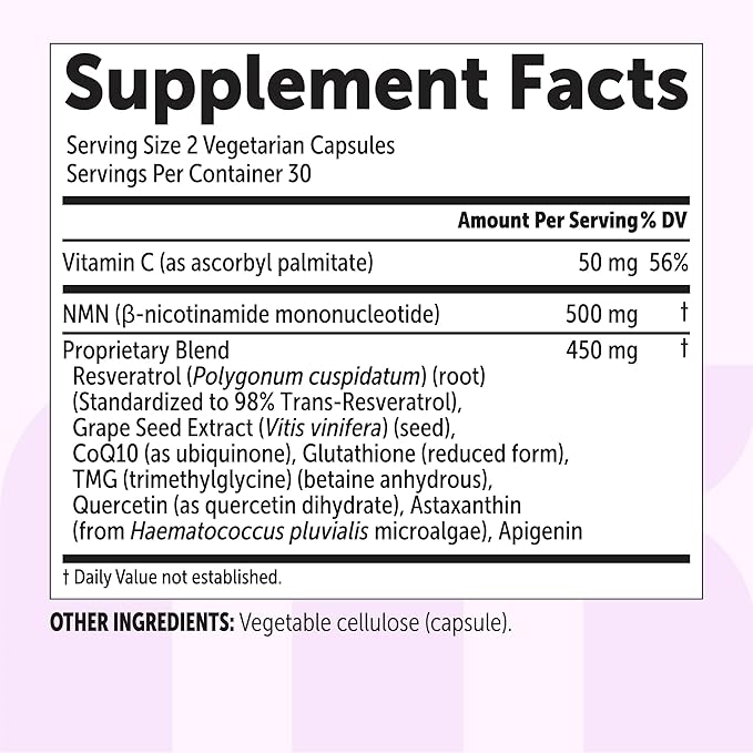 NMN Complex 1,000mg Per Serving, 60 Veggie Capsules | 10-in-1 with Nicotinamide Mononucleotide, Vitamin C, Resveratrol, CoQ10, TMG, Quercetin, & Glutathione | NAD+ Supplement Precursor | Filler Free