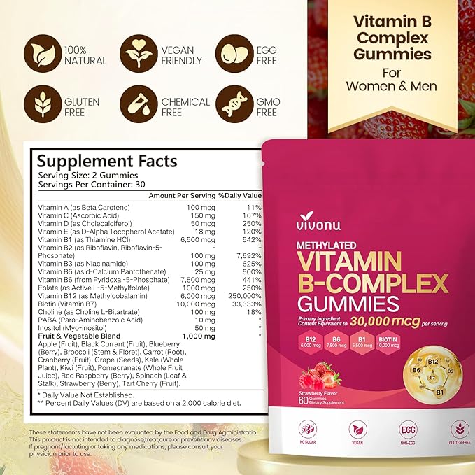 VivoNu Vitamin B Complex Gummies, 6000 mcg Methylated Vitamin B12, with B6 B1, B2, B3, B5, B7, Methylfolate, Vitamins A C D E, Vegan, Non GMO, Methylated B Complex Vitamin (3 Bag)