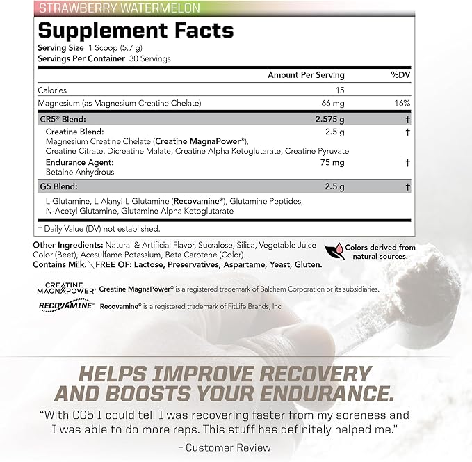 PMD Sports CG5 Premium Creatine & L Glutamine Powder, Power Recovery, Build Lean Muscle, Increase Workout Performance, Maximum Strength Pre Workout & Post Workout, Strawberry Watermelon, 30 Servings