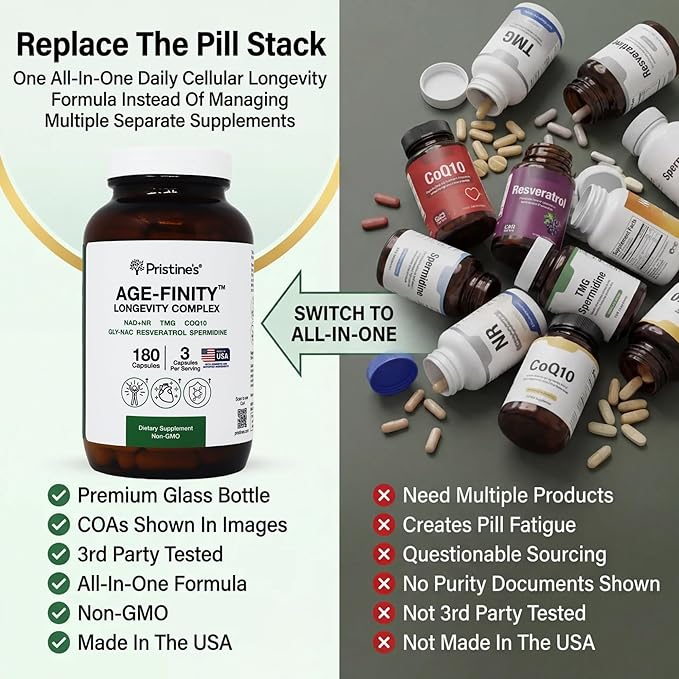 Age Finity NAD & NR Cellular Optimzation Mitochondrial Supplement - NAD, Nicotinamide Riboside, TMG, CoQ10, GlyNAC, Resveratrol, Spermidine - Cellular Longevity - 3rd Party Tested Glass Bottle