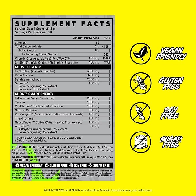 GHOST Legend Pre-Workout Powder, Sour Patch Kids Redberry - 30 Servings – Pre-Workout for Men & Women with Choline, L-Citrulline, & Beta Alanine for Energy & Focus