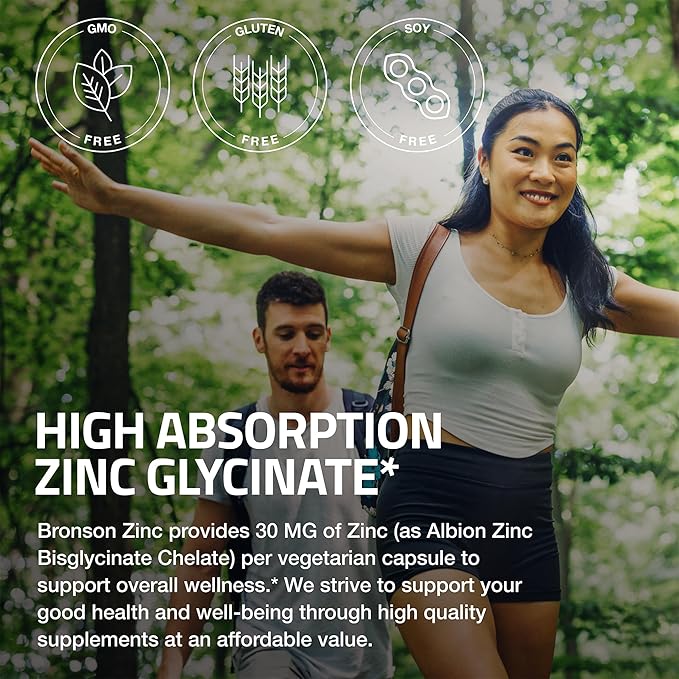 Bronson Zinc Glycinate 30mg Chelated Superior Absorption 100% Chelated Formula Non-GMO, 240 Vegetarian Capsules