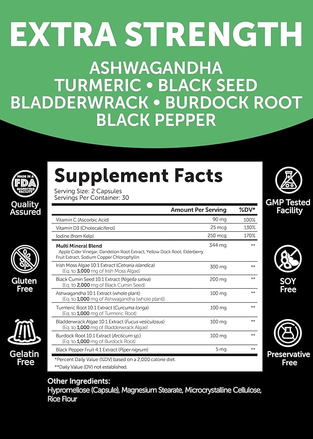 Lunakai USA Made Irish Sea Moss Capsules with Black Seed Oil, Ashwagandha, Burdock Root & Bladderwrack, 60ct