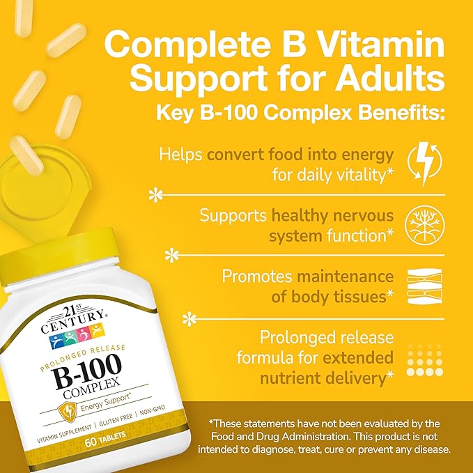 21st Century B-100 Complex Prolonged Release Tablets, 60 Count (Pack of 1), High Potency Vitamin B Complex for Nervous System, Energy Support, Includes Vitamin B1, B2, B6, Biotin & Calcium