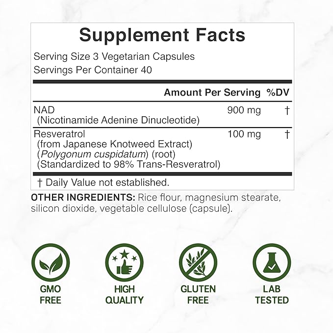 NAD+ Resveratrol Supplement 1,000mg Per Serving, 120 Veggie Capsules | 2-in-1 Extra Strength NMN Supplement Alternative | NAD Supplements for Women & Men | Non-GMO, Gluten Free