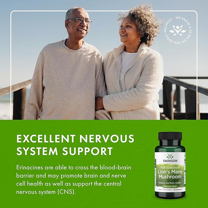 Swanson Lion's Mane Mushroom Brain Health Supplement for Professionals Seeking Mental Focus, Memory, and Clarity Support - 500 mg (60 Vegan Capsules, 4 Bottles, 4 Pack)