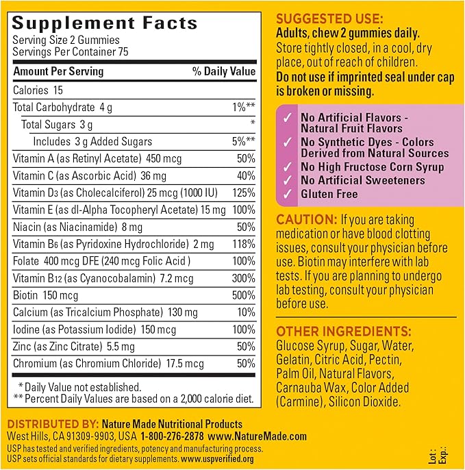 Nature Made Multivitamin for Women,Womens Gummy Multivitamins for Daily Nutritional Support,150 Multi Vitamin Gummies,75 Day Supply,(Pack of 2)