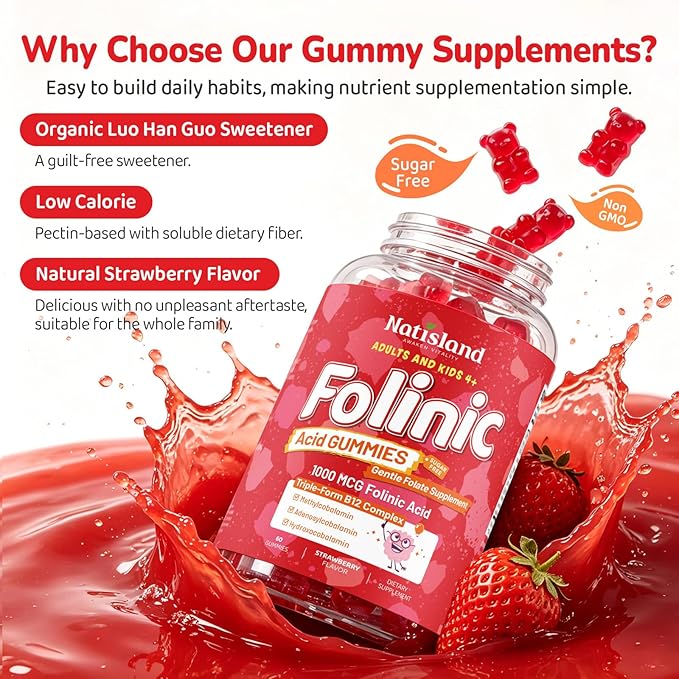 Folinic Acid Gummies for Kids & Adults, 1000 mcg Folate with Triple-Active B12 (Methyl, Adenosyl & Hydroxo), Bioactive Folic Acid, Gentle & Clean