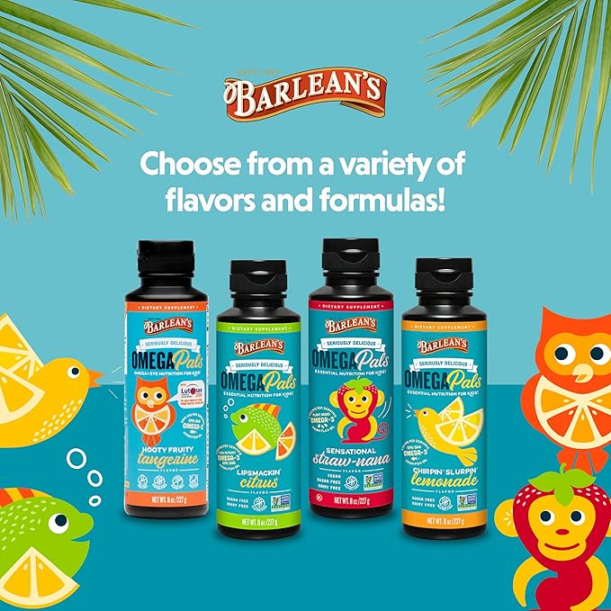 Barlean's Omega Pals Sensational Straw-Nana Flavored Omega-3 for Kids, Yummy Children's Liquid Fish Oil Supplement with 1,483 mg ALA, Non-GMO, Vegan for Brain and Eye Health, 8 oz, 2 Pack
