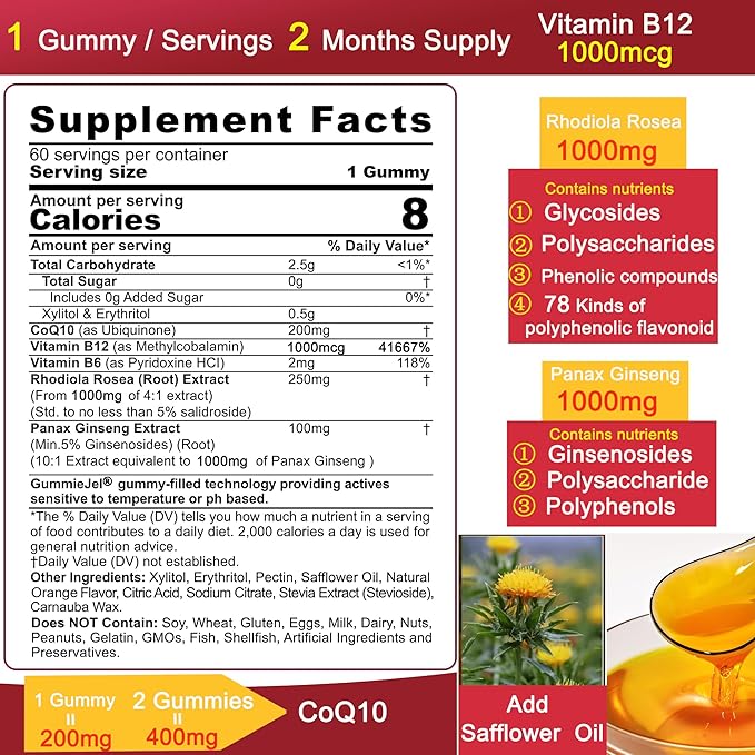 Ultra Absorption CoQ10 Gummies 200mg/400mg, w/ Methyl B12 1000mcg, B6, Rhodiola Rosea & Panax Ginseng, Sugar Free CoQ10 Supplement for Energy Boost, Hear-t Health, Antioxidant & Brain Support, 2 Pack