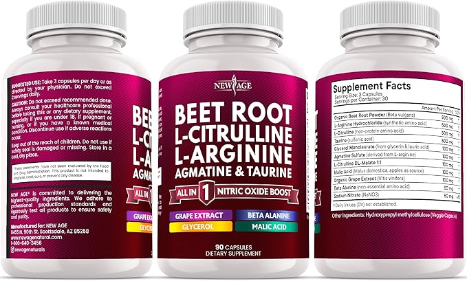 NEW AGE Beet Root Capsules - L Arginine, L Citrulline, Nitric Oxide, Beetroot Powder, Arginine, Citrulline Supplement – 180 Vegan Capsules