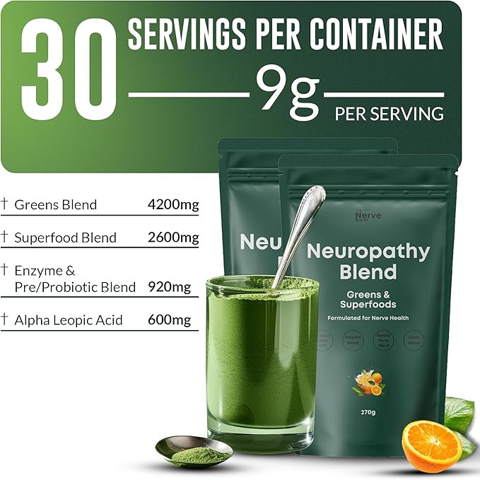 The Nerve Brand Neuropathy Superfood Blend, Greens Powder with R Alpha Lipoic Acid & Lions Mane for Nerve Support, Sunshine Orange, 30 Servings