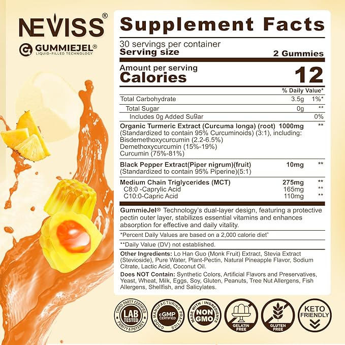 Turmeric Gummies 1000mg w/MCT Oil C8 C10, Organic Antioxidant, Turmeric Curcumin Supplement with Black Pepper Extract, Support Comfort, Boost Energy, Ultra Absorption, Sugar Free, 120Cts