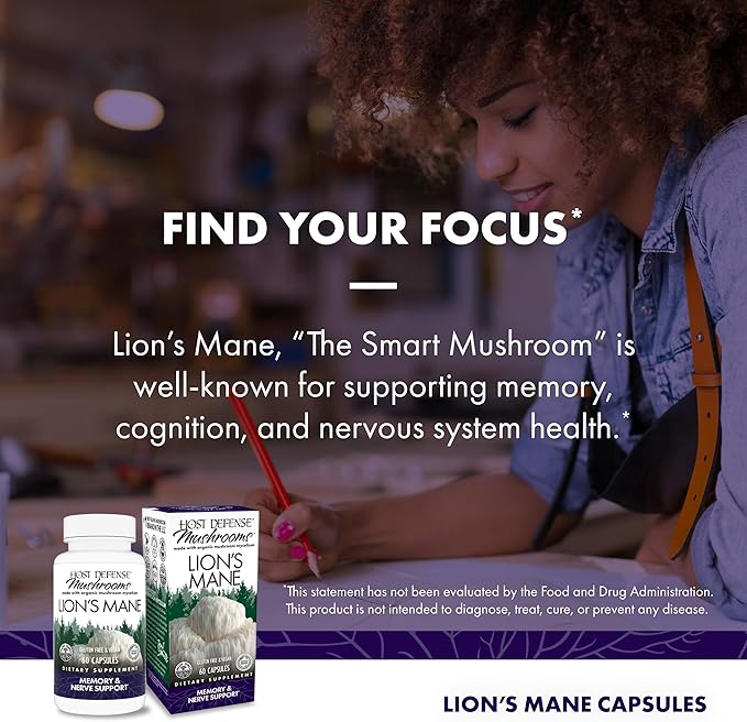Host Defense Mushrooms Lion's Mane - Supplement Capsules for Brain Health Support - Mushroom Support for Focus & Memory Function - Immune & Nervous System Supplement - 60 Capsules