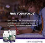 Host Defense Mushrooms Lion's Mane - Supplement Capsules for Brain Health Support - Mushroom Support for Focus & Memory Function - Immune & Nervous System Supplement - 60 Capsules