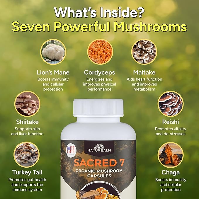 Naturealm Sacred 7 Mushroom 7-in-1 Blend Capsules Supplement (30 Day Supply) | Supports Daily Immune Defense & Focus | Lions Mane, Reishi, Chaga & More | Organic, Premium 100% Fruiting Body Extract