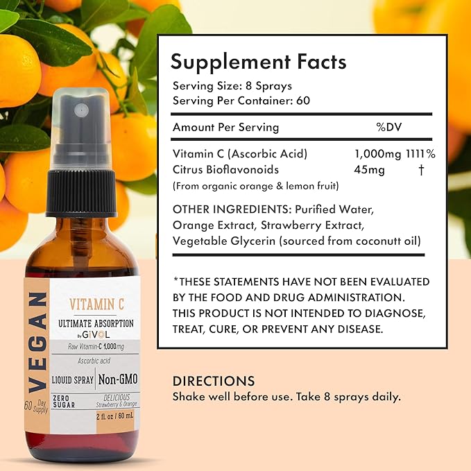 Vitamin C Spray: Daily Absorption Liquid Extract with Lemon, Orange, Strawberry, Rich in Ascorbic Acid, 2oz (60ml) 60 Day Supply