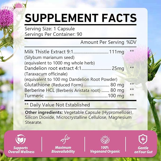 OMOGS Organic Milk Thistle, Herbal Liver Support Milk Thistle Supplement, with Dandelion Root, Glutathione, Berberine HCL &Turmeric, Support Liver Cleanse Detox & Repair, 90 Capsules