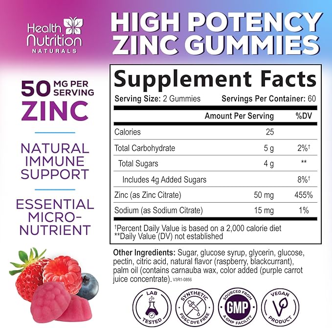 Zinc Gummies 50mg per Serving - Extra Strength Immune Support Antioxidant Gummy, Non-GMO & Gluten Free - Best Zinc Supplement for Skin Bone & Heart Health - Chewable Tasty Berry Flavor - 120 Gummies