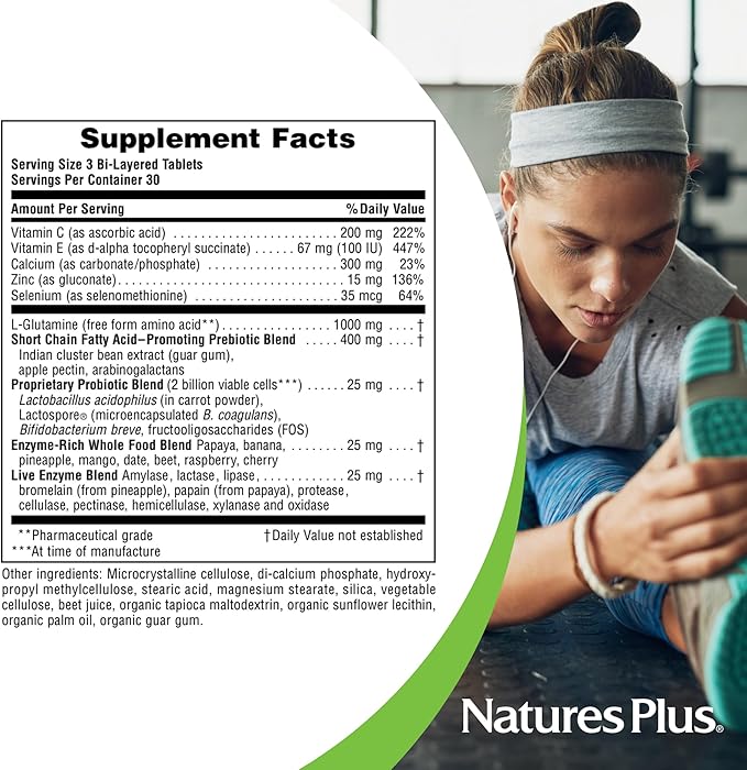NaturesPlus GI Natural Total Digestive Wellness - 90 Bi-Layered Tablets, Pack of 3 - With L-Glutamine, Probiotics, Prebiotics & Enzymes - Gluten Free - 90 Total Servings