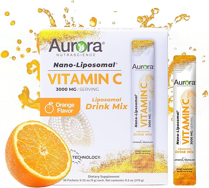 Aurora Nutrascience Nano-Pack Liposomal Vitamin C Powder Drink Mix - Healthy Immune Support for Adults, High Strength 3,000 mg Per Serving, Zero Sugar, - 30 Single Serve Packets, Orange