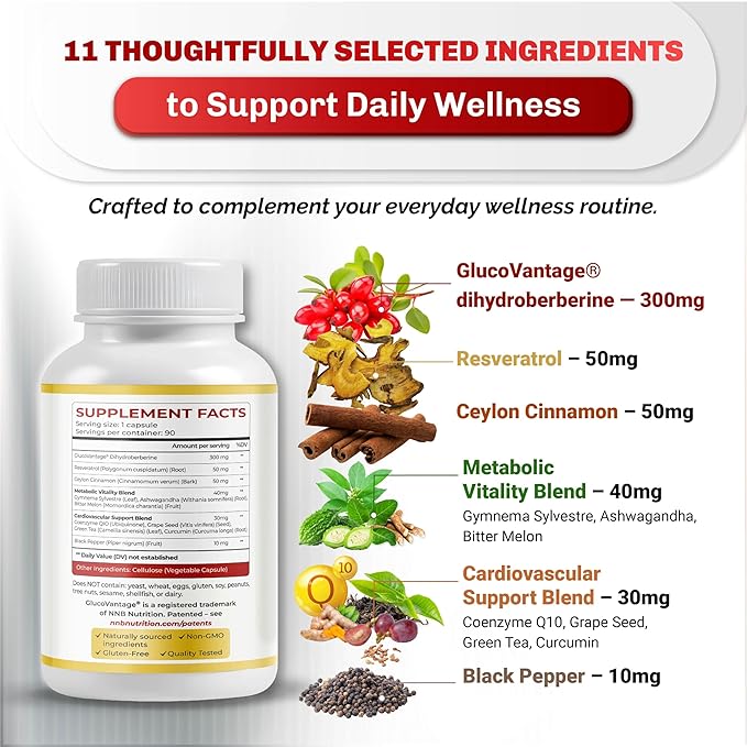 Dihydroberberine - Super Berberine - Patented GlucoVantage 810mg - 5X Absorption - with Resveratrol Cinnamon Grape Seed Extract- Support Metabolism, Digestion (90 Count (Pack of 1))